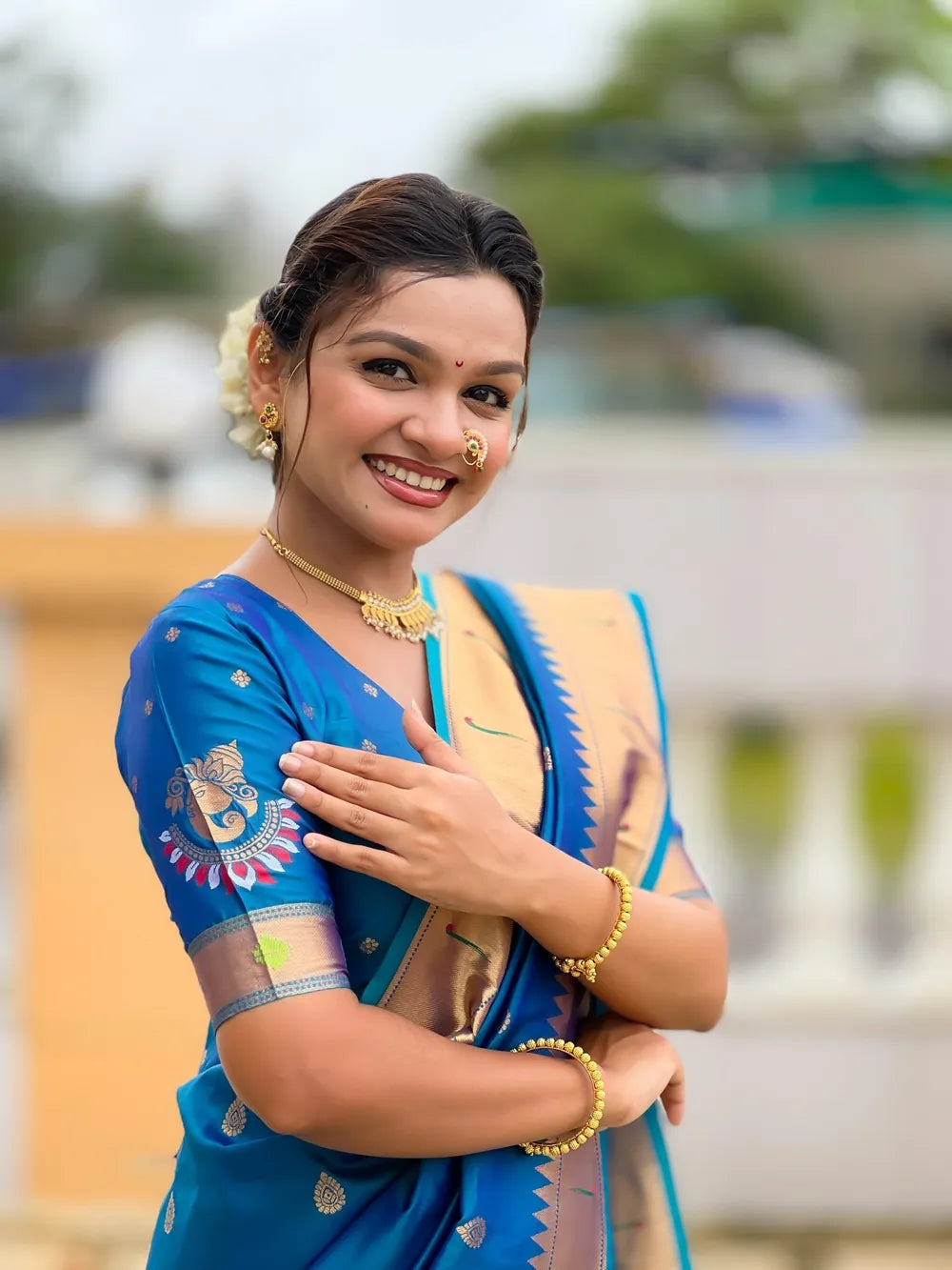 Traditional Paithani Silk Saree with Ganapati Pallu & Zari Weaving (Blue)